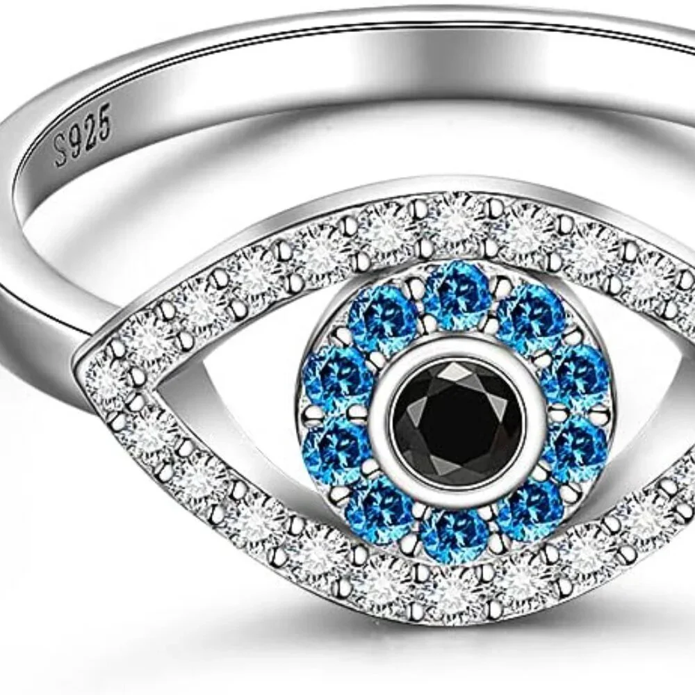 Sterling Silver Evil Eye Ring Women Protective Blue Sapphire Jewelry Size 8 - Picture 4 of 8